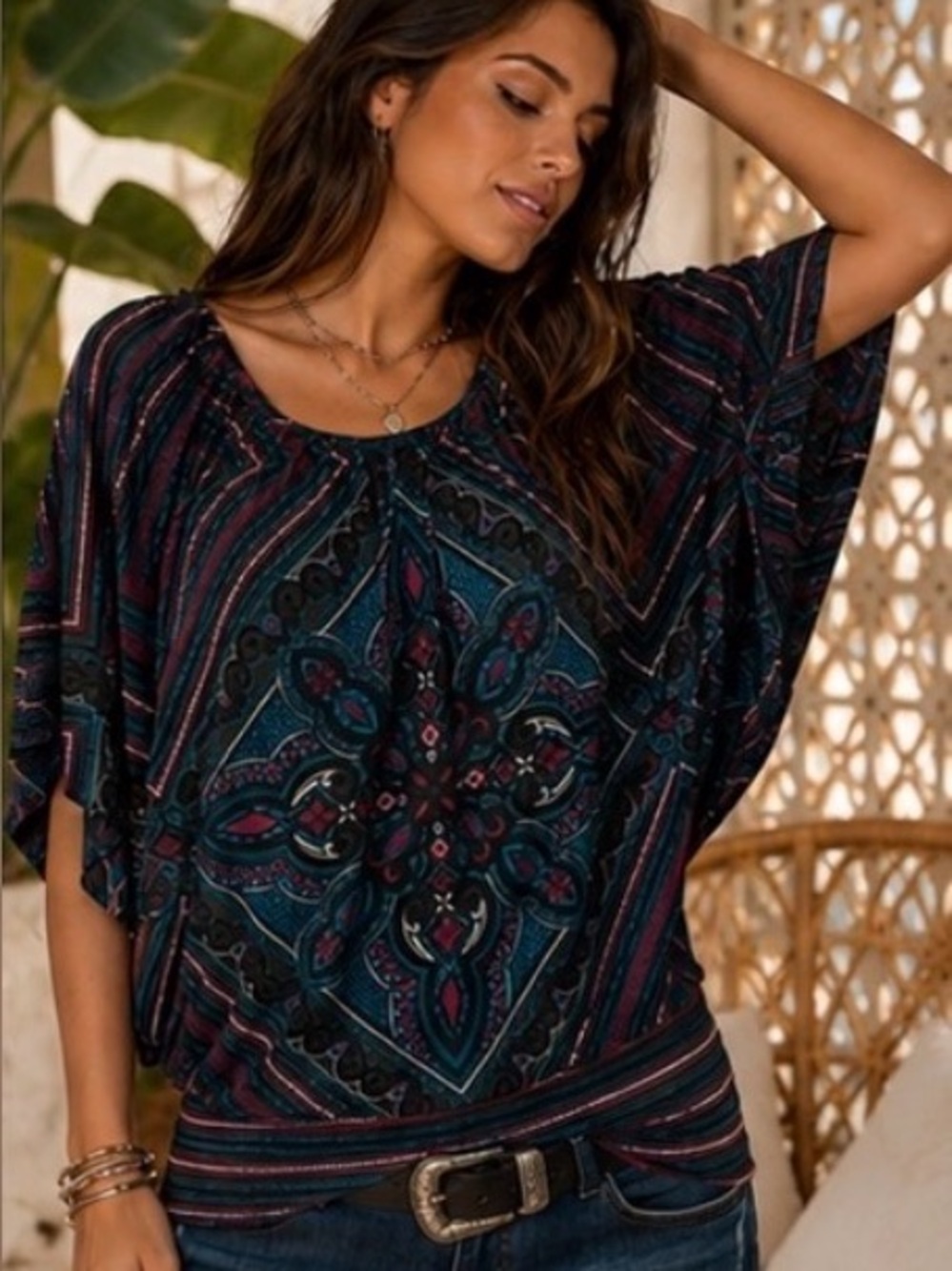 Dolman sleeve Teal & Burgundy Off-Shoulder Printed Peasant Blouse Vintage
